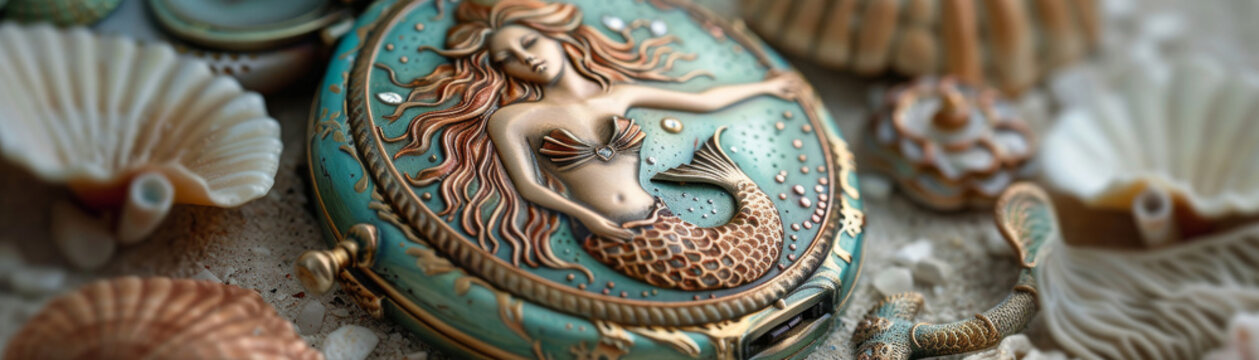 An intricate carving of a mermaid adorns the lid of a circular box, surrounded by an array of sea shells, creating a sense of oceanic treasure