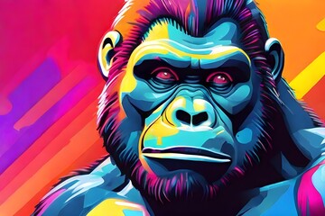 kingkong illustration in abstract, rainbow ultra-bright neon artistic portrait graphic highlighter lines on minimalist background. Generative AI