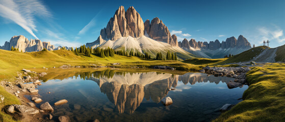 Famous Tre Cime di Lava redo with real reflection in lake - obrazy, fototapety, plakaty