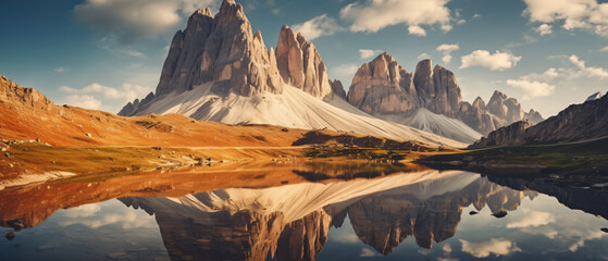 Famous Tre Cime di Lava redo with real reflection in lake - obrazy, fototapety, plakaty