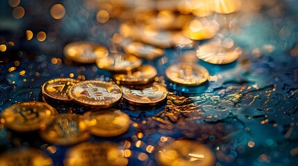 Gold Bitcoin Coins in Water Droplets for Online Shopping or E-commerce Business - obrazy, fototapety, plakaty