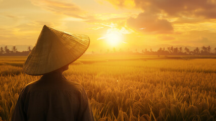 Person watching sunset over rice paddies wearing a traditional hat.