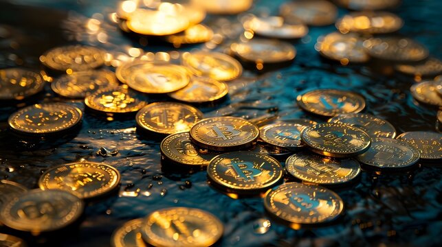 Gold Bitcoin Coins Shimmering in Shallow Water Against a Dark Blue Backdrop - A Luxurious Cryptocurrency Asset Visual