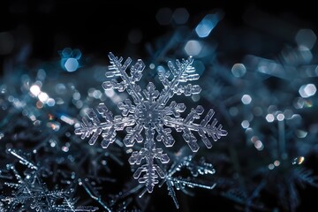 Intricate Snowflake Crystals Capturing the Delicate Uniqueness in a Frosty Winters Air - obrazy, fototapety, plakaty