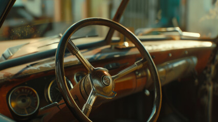 Vintage car interior, steering wheel and dashboard bathed in golden sunlight.