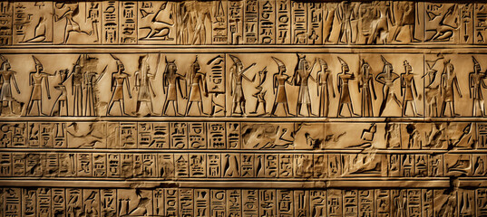 Fototapeta na wymiar Hieroglyphic carvings on the walls of an Ancient Egyptian Temple