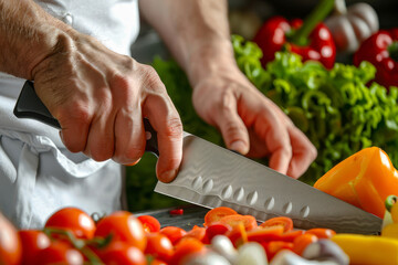 chef utilizza abilmente un coltello da cucina per tagliare le verdure fresche con precisione - obrazy, fototapety, plakaty