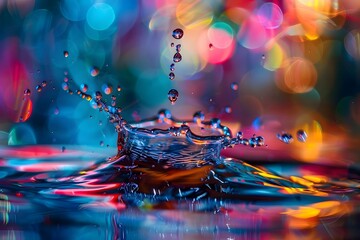 Vibrant Water Droplet Splash Forming a Colorful Crown against a Blurred Background