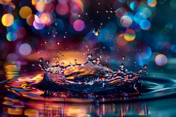 Vibrant Water Droplet Splash with Colorful Bokeh Lights