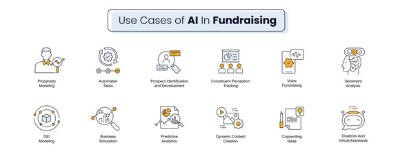 AI fundraising icon set, Fundraising AI applications symbols, Artificial intelligence in fundraising icons, Donation AI use cases symbols, Crowdfunding AI icons. Vector editable stroke icon