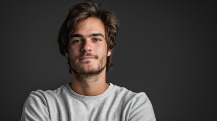 Handsome smiling, happy and pleased stoic man with positive vibes. Portrait of a joyful young man with beautiful hair and fashionable clothes.