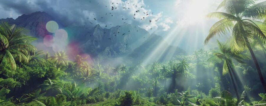 Tropical green forest with sunlight through tree crowns. Comfortable place to calm the mind. Natural ecosystem forest conservation. Seamless looping animated. Generative AI