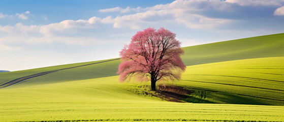 Field waves with blossoming trees in the spring 