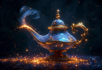 Magic lamp Aladdin. Magical shining golden lamp with rising magic dust with shimmering glitter particles. Genie comes out of the bottle. Generative AI
