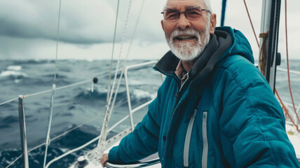 Elderly sailor smiles confidently at the helm in a harsh, open sea environment.
