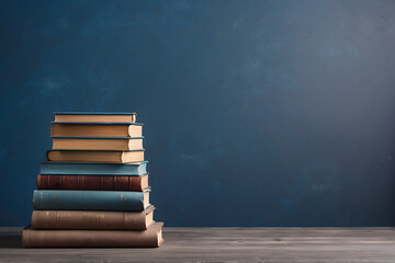 A stack of books on top of a wooden table with blue background