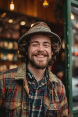 Handsome smiling, happy and pleased stoic man with positive vibes. Portrait of a joyful young man with beautiful hair and fashionable clothes.