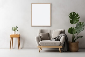 Modern scandinavian home interior with mock up photo frame, design wooden commode, big cement letter, tropical leaf, gray sofa and personal accessories. Stylish home decor. Template. Ready to use 
