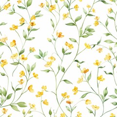 Fototapeta na wymiar An elegant seamless pattern with golden yellow blossoms entwined with fresh green foliage, depicted in a delicate watercolor style for a tranquil vibe.