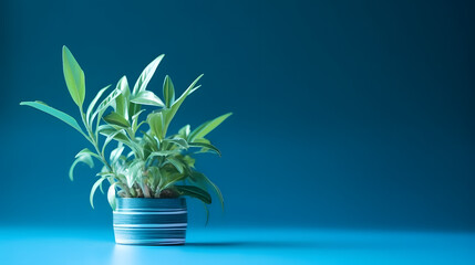 plant on blue background with place for text - obrazy, fototapety, plakaty