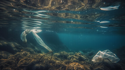 Naklejka na ściany i meble plastic pollution of the ocean underwater photo