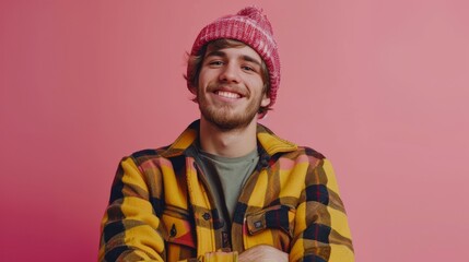 Handsome smiling, happy and pleased stoic man with positive vibes. Portrait of a joyful young man with beautiful hair and fashionable clothes.