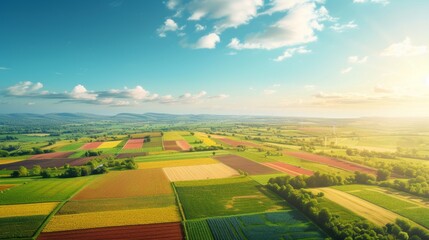 Sunny skies grace lush farmlands, creating a serene patchwork landscape that honors the sustainable promise of Earth Day.