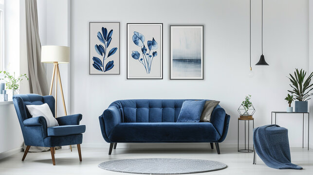 White sofa and blue armchair in living room with posters on the wall High detailed and high resolution smooth and high quality photo professional photography