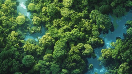 Naklejka na ściany i meble Aerial view of a dense, lush forest canopy in varying shades of green with a winding river, highlighting the beauty of untouched nature.