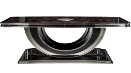 A modern black and silver table with a circular base isolated on transparent background