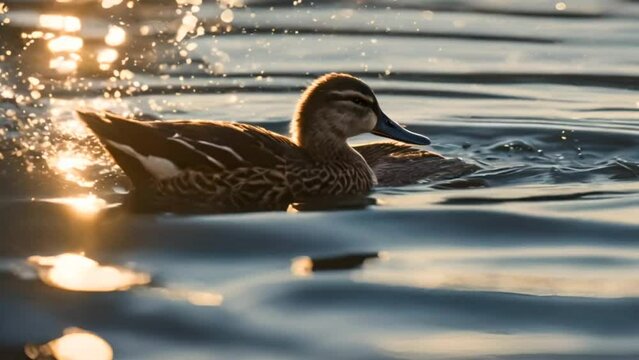 A duck swimming on the water at sunset 