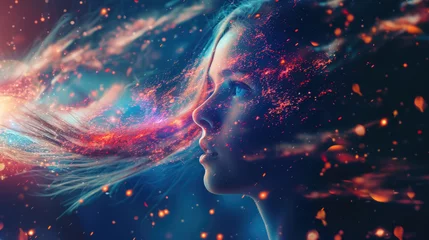 Fotobehang A womans silhouette with her hair transforming into a vibrant, cosmic nebula merging with the stars, symbolizing a connection with the universe © sommersby