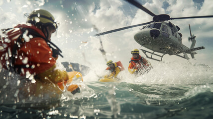 Dramatic sea rescue operation by helicopter and lifesavers.