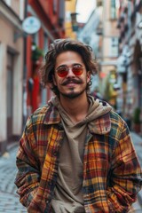 Fototapeta premium Handsome smiling, happy and pleased stoic man with positive vibes. Portrait of a joyful young man with beautiful hair and fashionable clothes.
