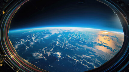 A view of the Earth from the window of a space station, showcasing the blue planet with swirling clouds and landmasses visible from above - obrazy, fototapety, plakaty