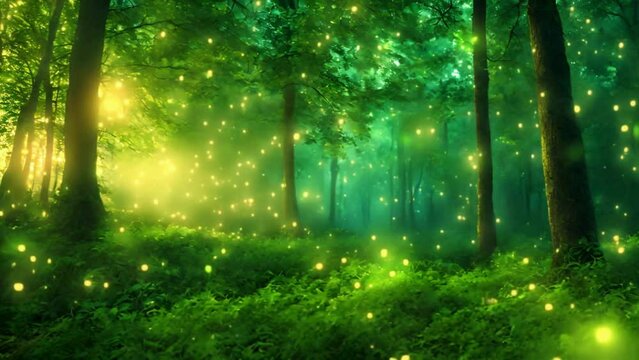 Mystical green fairy tale forest landscape with fireflies.