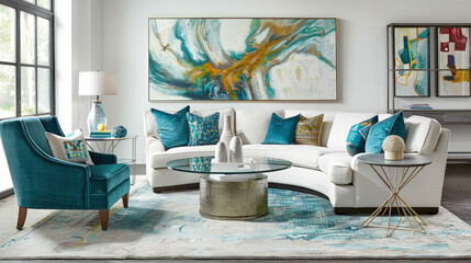 A typical living room filled with furniture, including a sofa, coffee table, and a painting hanging on the wall