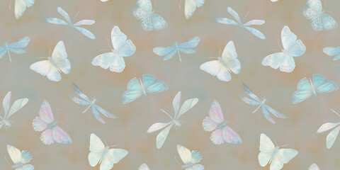 repeating ornament, seamless pattern of dragonflies and butterflies, endless watercolor illustration, hand drawn. Design of fabrics, wrapping paper, kitchen textiles, packaging.