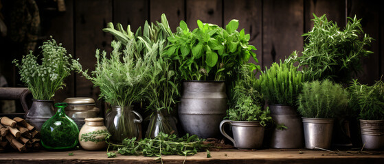 Fresh herbs. Melissa rosemary and mint in rustic setti