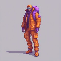 pixel art of A man flex with futuristic puffercoat and cargo pants and futuristic shoes in orange and purple colour mix, future style, 3d rendered, Alien technology, Alien made, Alien machinery, White