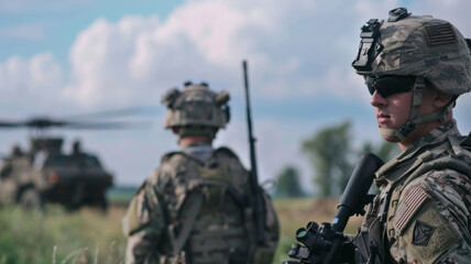 Fototapeta premium Soldiers stand vigilant in a field, helicopter in the background under a cloudy sky.