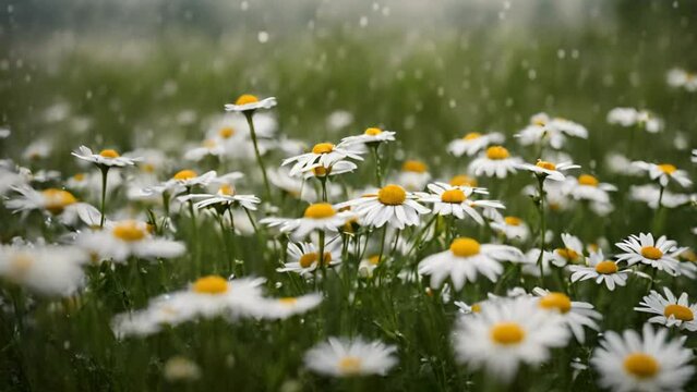 White daisy flowers field meadow in the rain