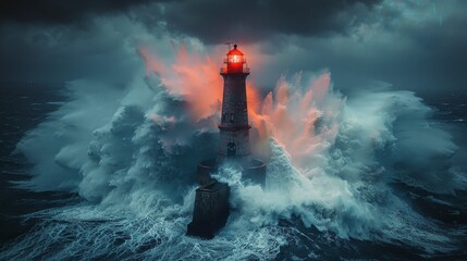 Fototapeta na wymiar Lighthouse Standing Strong in Stormy Ocean