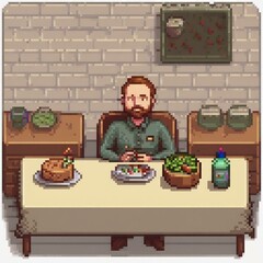 pixel art of a man at a restaurant table in front of a plate of salad with a piece of birthday cake on top