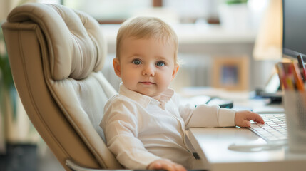 Baby as an Executive Assistant in office chair by computer.