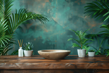 A minimalist still life scene with a wooden bowl and potted plants on a table, against a textured teal wall with tropical vibes. - obrazy, fototapety, plakaty
