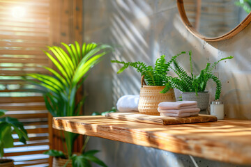 A warm and inviting bathroom vanity decorated with potted ferns, fluffy towels, and a round mirror, bathed in dappled sunlight.