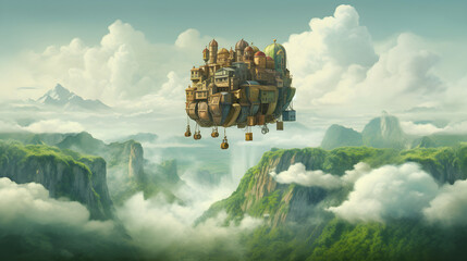Buildings rise into the air above great mountains, floating among the clouds. - obrazy, fototapety, plakaty