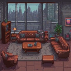 Fototapeta premium pixel art of a luxurious living room with furniture from the 50s, with a large window measuring 2m x 2m, from that window outwards a view of wallstreet avenue in new york, in cyberpunk style, with