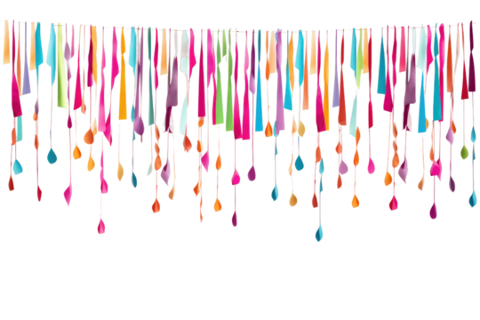 Multicolored Streamers Hanging From a White Wall. on a White or Clear Surface PNG Transparent Background.